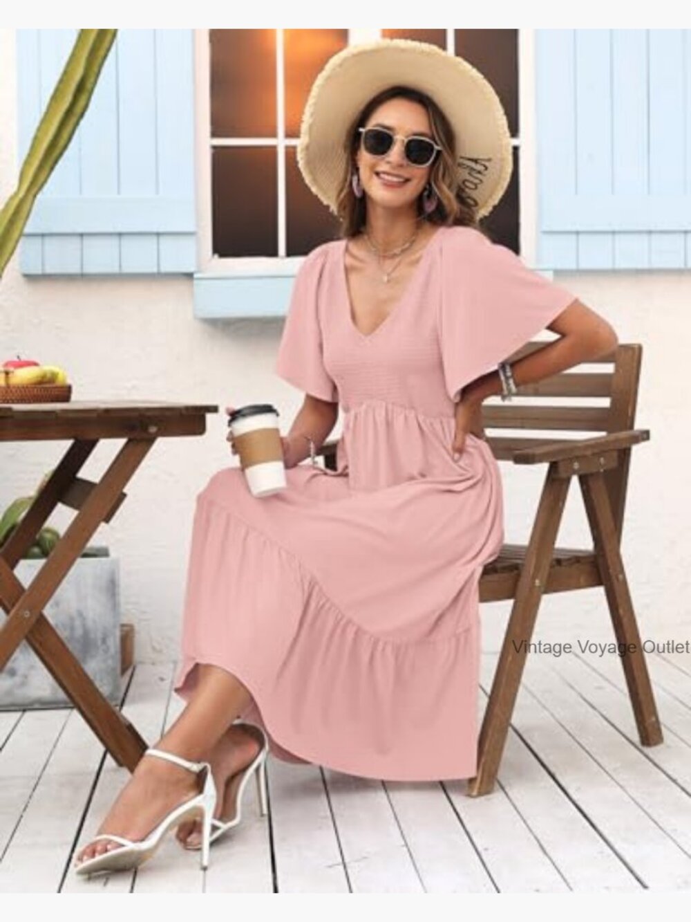 Smocked Empire Waist Midi Dress with Flutter Sleeves - Lightweight & Flowy - Picture 5 of 7